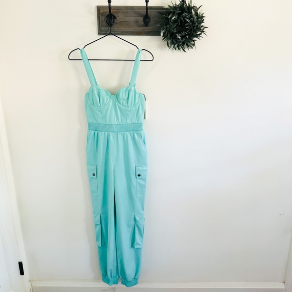 NWT Alice + Olivia Blue Frida Faux Leather Bustier Cargo Jumpsuit 0